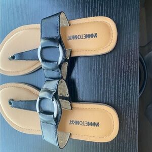 Minnetonka Leather Black and Tan Women's Sandals